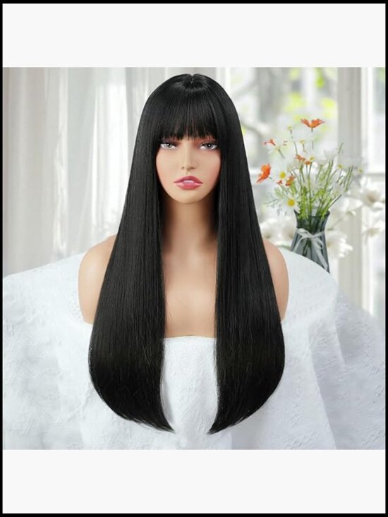 Long Straight Wig with Bangs Heat Resistant Synthetic Full Coverage 24 inch main image 4